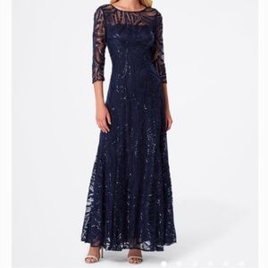 Tahari Arthur S. Levine 3/4 Sleeve Navy Blue Sequin Formal Gown